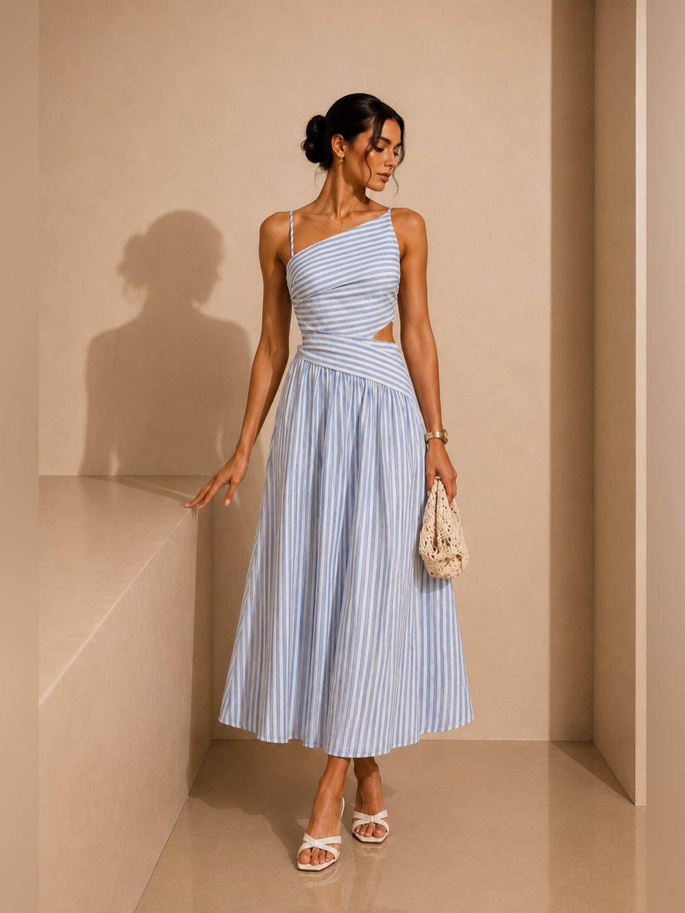 Commense Blue and White Striped One-Shoulder Cutout Midi Dress